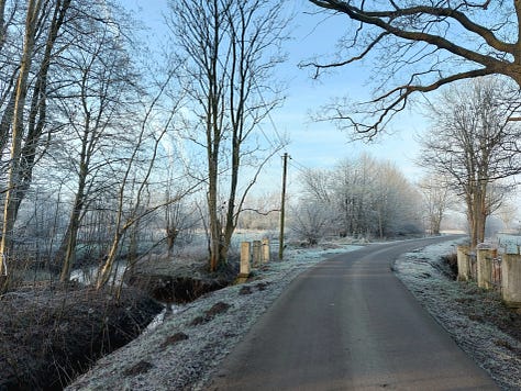 Small road into the countryside, winter, frosty