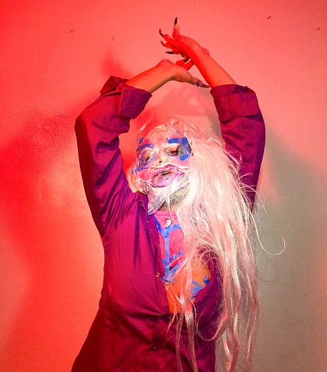 Three photographic portraits of drag persona Krystal Lake Carrington.