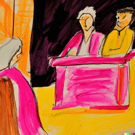 Pink and yellow sketches of courtroom drama