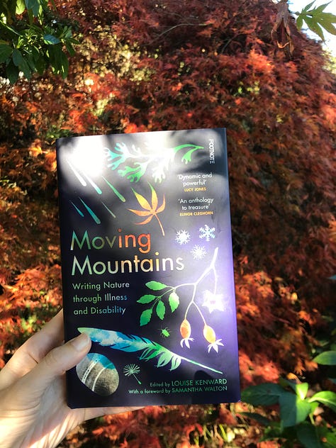 eight images of Moving Mountains book in different spots around the gardens, with shadows cast across the cover and autumnal colours of trees and bracken and mosses.