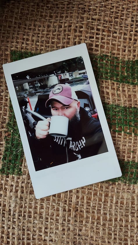 A collage of instant photographs of coffee mugs or a bald, bearded, white man drinking coffee.