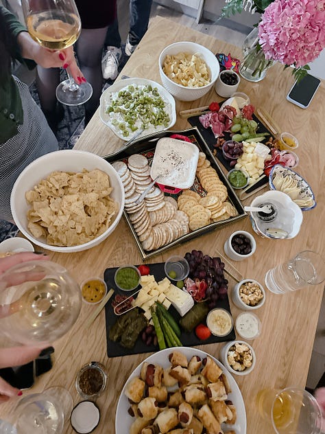 three pictures of dips, one of a bufallo chicken dip, two of party spread pictures featuring dips