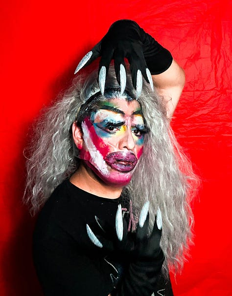 Three portraits of drag persona Krystal Lake Carrington.