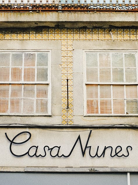 Photos of blue and white tiles, orange rooftops, and cathedral cloisters in Portugal, with a young white man and woman in frame