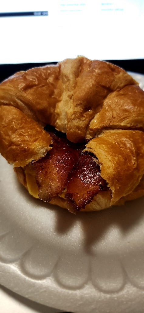 three pictures showing different angles of a homemade bacon, egg, and cheese breakfast sandwich on a croissant.