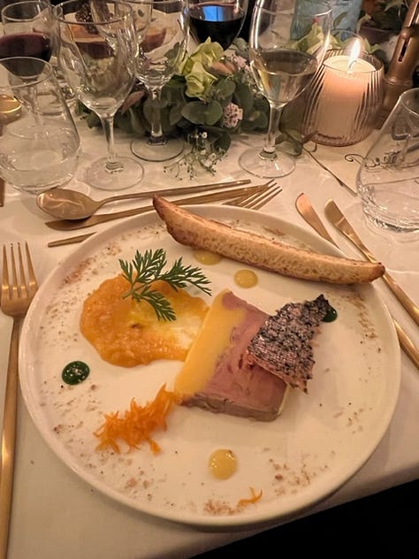 Photos of a multi-course meal with different plates of fish, meat and vegetables