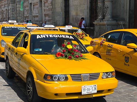 Three photos showing taxis in Oaxaca with flowers on their hoods, and a large effigy of a taxi driver wearing a captain's hat.