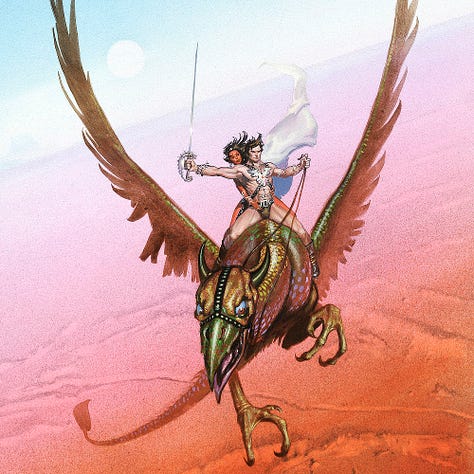 LEFT: Detail of John Carter and Dejah Thoris on the back of a saddle Martian bird. He is pale in comparison to the red tone of her skin. Her hand reaches around resting suggestively on his hip. He wears only a loincloth, belt with decorative filigree, and a harness that crosses his chest in an X with a large crest reminiscent of an eagle with wings and tail plumage spread. CENTER: Figure study of John Carter flying on the back of a Martian bird. His cape flaps freely in the wind because Deja Thoris is absent. He holds the reins in one hand and a long rapier in the other. In the upper right of the paper, there are two faces sketched, one looser than the other. RIGHT: Detail of Tars Tarkas riding on the back of a saddled Martian bird. He is a green Martian with four arms, anatomically one torso stacked on another. He holds the reins with his lower hand and a long rapier above it. Behind him, an elegant city with tall spires and onion shaped peaks sits on the titled horizon with a full moon behind it.