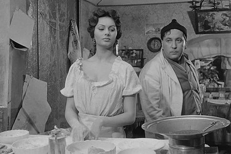 Sophia Loren serving pizza on the street in The Gold of Naples (1954)  | Film Flavor: A Newsletter Surveying Food in Film