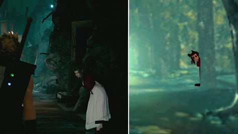 Comparison between Aerith's mannerism and behaviour at the beginning of Remake's chapter 9 and Cloud's dream in the original.