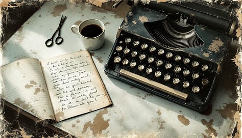 A still life of a typewriter with handwritten notes, portrayed through a Polaroid emulsion lift on aged canvas, with visible brush strokes and faded sepia lighting.