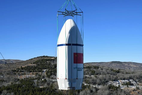 The Long March 6A's fairing during stacking, the first-stage heading to the launch site, and the first and second stage being prepared for stacking.