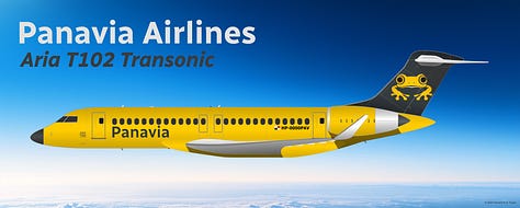 The current Panavia Airlines fleet: 1) Aria T42 Transonic, 2) Aria T102 Transonic, 3) Aria T152 Transonic, 4) Aria T202 Transonic, 5) Boeing 737-700, 6) Boeing 737-800, and 7) Boeing 737 MAX 8 - all shown in side view.