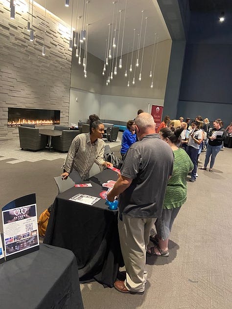 an image of a stage, two images of the ADHDKC table with promotional items and a woman talking to two different groups of people