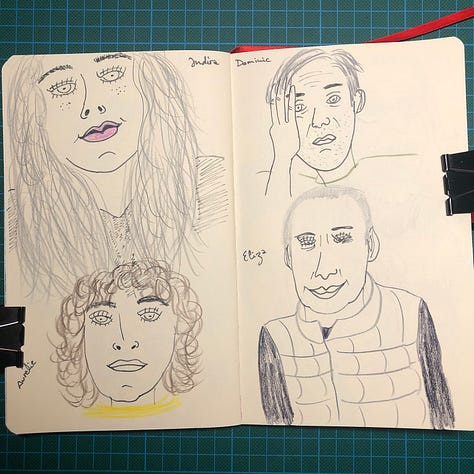 Photos des doubles-pages de mon sketchbook où j’ai dessiné 14 portraits au feutre noir et crayons de couleurs.