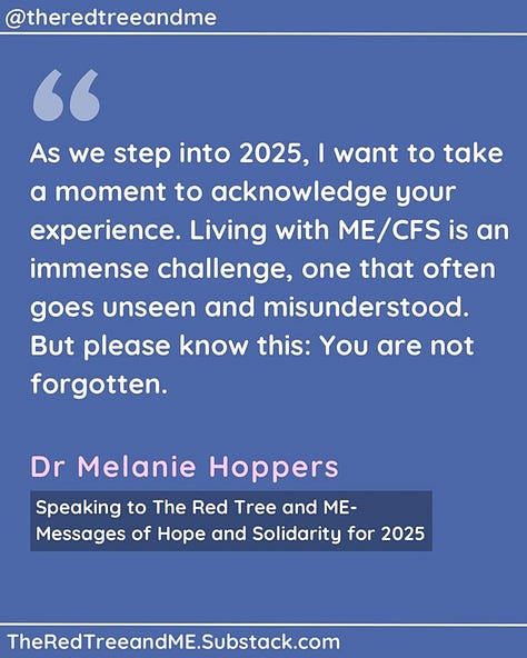 As we step into 2025, I want to take a moment to acknowledge your experience. Living with ME/CFS is an immense challenge, one that often goes unseen and misunderstood. But please know this: You are not forgotten. Research is advancing. Awareness is growing. More clinicians are recognizing the complexity of ME/CFS, and more scientists are dedicating their work to understanding its causes and treatments. We are learning from you—your experiences, your resilience, your insight—and that knowledge is shaping the future of care. Your voice matters, your experience matters, and you are not alone in this fight.   Please hold onto hope. A better future is coming, and we are walking this path with you.   With respect and commitment,