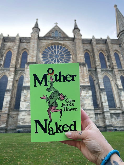 Six photos featuring the bright green paperback of Mother Naked in front of Durham Cathedral.