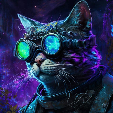 Mixing Daniel Nest + cyberpunk cat portrait + "blacklight cyberpunk" prompt