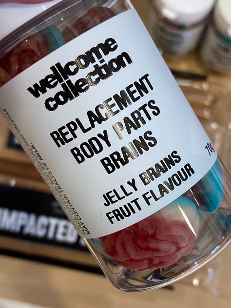 Confectionery boxes of items sold in the Wellcome Collection. London shop