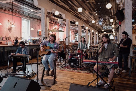 Five stills from Griffin Moyer's performance at Acme Radio Live in the main bair area of Acme Feed & Seed. Some members of the band are also featured.