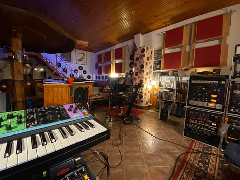 Inside the Supertone Records studio, showing lots lots of analog keyboards