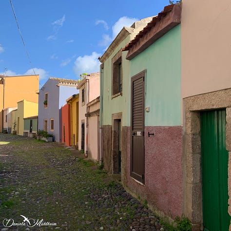 Houses in orange green lilac blue