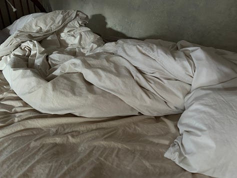 6 images of same bed different mornings after tossing the sheets and getting up
