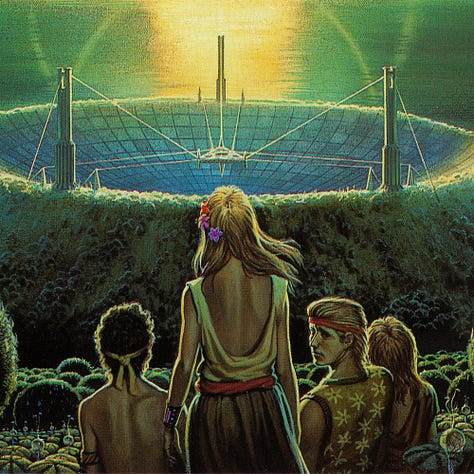 LEFT: Detail of four young people staring out past the mound of a radio telescope at two moons and a distant star in conjunction. Central among them is a girl with flowers in her hair who stands head and shoulders above the rest. CENTER: Close detail of SONGS OF A DISTANT EARTH featuring a closer look at the group of young people. One of the young men turns his head back to face the audience. The young woman next to him has flowers in her hair, a primitive element of style that contrasts the high tech accessory she wears on her wrist. RIGHT: Close detail of a moon sitting on the horizon another lined above it and a distant starburst. All are surrounded by rings of light that intersect each other.