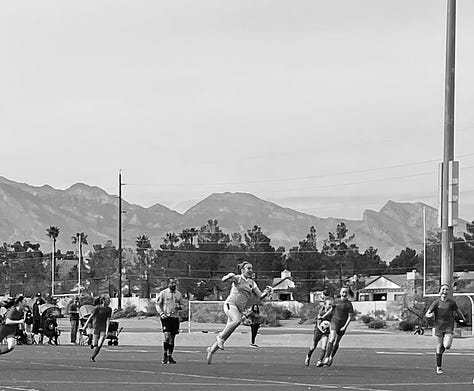 Six images: three black and white of girls soccer, one of a pink house and van, one of a pick topographic map, and one of an old neon sign from a Vegas casino.