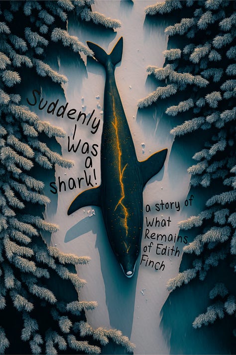 Inspiring MidJourney prompts for the book cover of Suddenly I was a Shark!: My Time with What Remains of Edith Finch