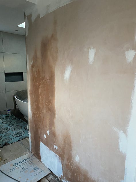 bathroom ceiling painted, walls with a mist-coat and second wall still drying out from the plastering