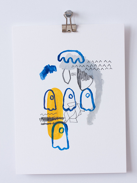 Six small paintings on paper in graphite, yellow, blue and gold.