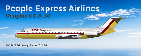 Former People Express Airlines aircraft: 1) Douglas DC-9, 2) McDonnell Douglas MD-82/-83/88, 3) Boeing 717-200.