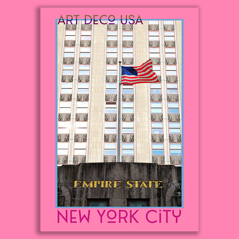 A selection of posters of Art Deco skyscrapers on colourful backgrounds. Empire State Building, The Chanin, The Chrysler, General Electric Building and Atlas, Rockefeller Plaza