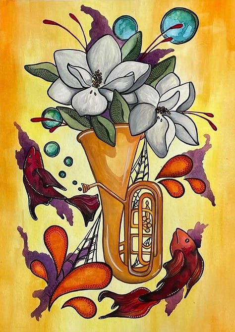 The first image, shows a painting of a tuba filled with magnolia blooms and surrounded by fish. The next image shows Abigail Richardson giving off a beautiful smile as her red hair swoops across her arms. The final image is another of Abigail's paintings, a collage of images showing keys, a campground, and various florals amid swirling designs.
