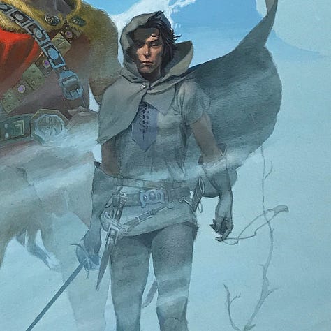 LEFT: Detail from SWORDS AND ICE MAGIC featuring Fafhrd and Grey Mouser in a mountaintop flurry with a rocky peak of ghastly faces rising behind them. CENTER: Close detail from SWORDS AND ICE MAGIC featuring a bearded Fafhrd with short and curly tousled red hair. A bandolier of buckled metal crosses over his sleeveless scarlet tunic. One strap tucks under the fur collar. His arms are bare to the elements. He wears a long bracer on his sword arm. He holds a blade angled up and at the ready. The handle of another sword can be seen at his hip. RIGHT: Close detail from SWORDS AND ICE MAGIC featuring Grey Mouser with his hood up and cloak whipping in the wind. His drab tunic has short sleeves, but his arms are covered to the elbow by long gloves. A long dagger hangs from his hip. He holds a thin rapier angled down. A flap of fabric, perhaps a small empty pouch, is caught by the wintry wind, but absently caught at the knuckled of his hooked index finger.