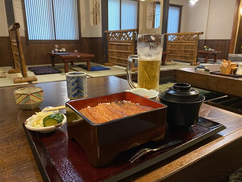 Matt Ketchum eating unagi at Ebiya in Aizuwakamatsu, Fukushima, Japan