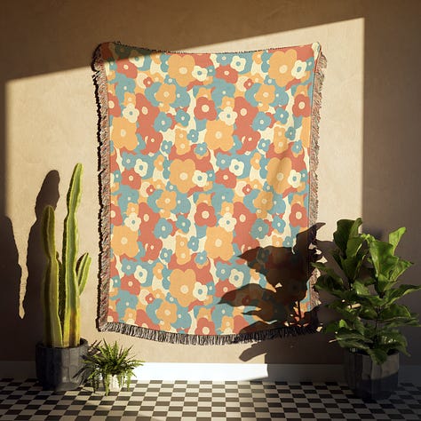 three yoga inspired woven blankets, depicting a butterfly, flamingo and flowers