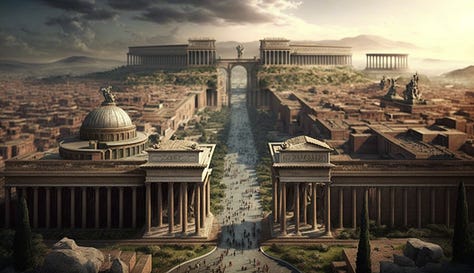 Midjourney prompt: all roads lead to rome during roman empire era triumphant insanely detailed
