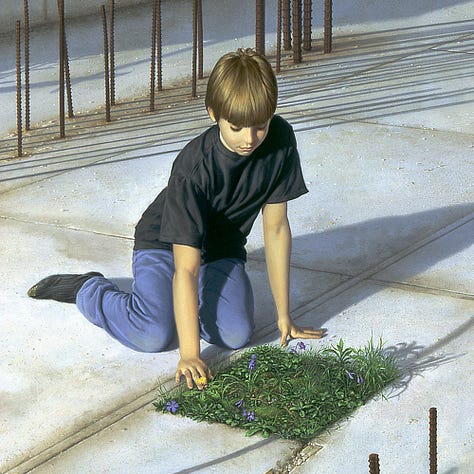 LEFT: Detail from FLOWERS AND WEEDS featuring Adrian at 10 years old kneeling with his legs to the side in front of a patch of weeds growing through a square gap in the foundation at a construction site. His right hand pauses at the edge of the weeds where a single yellow flower grows. CENTER: Closer detail from FLOWERS AND WEEDS featuring Adrian at 10 years old kneeling with his legs to the side in front of a patch of weeds growing through a square gap in the foundation at a construction site. His right hand pauses at the edge of the weeds where a single yellow flower grows. RIGHT: Close detail from FLOWERS AND WEEDS featuring a raised island of concrete foundation at a construction site. Rusted rebar sticks up casting long shadows across the bleached concrete. A rusted token leans against the island marked with the artist’s initials, the letters M and W combined. Nearby a rough wooden hatch sits in the stone.