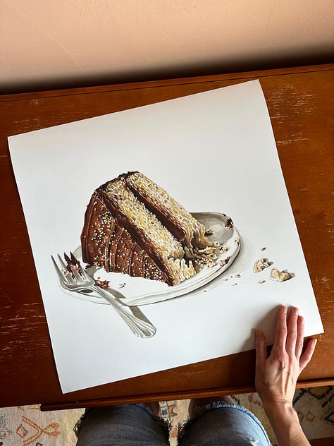 A 20x20" print of a painting of a slice of cake, a persian breakfast spread, and a salad with fennel and bibb lettuce