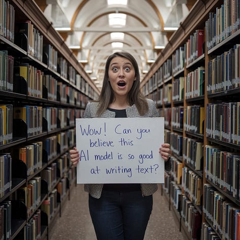 A woman with a shocked expression stands in the middle of a library. She's holding a sign that says "Wow! Can you believe this AI model is so good at writing text?” by DALL-E, FLUX, Ideogram, Imagen, Midjourney, Recraft. Stable Diffusion