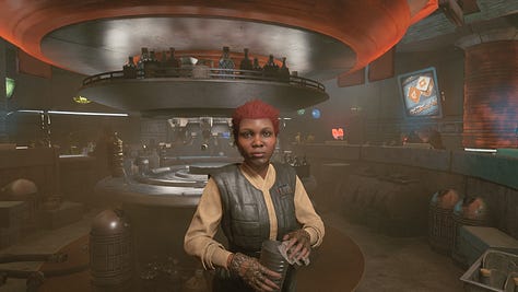 various photos depicting Makal’s Gambling Parlor, an in-universe cantina in Star Wars Outlaws