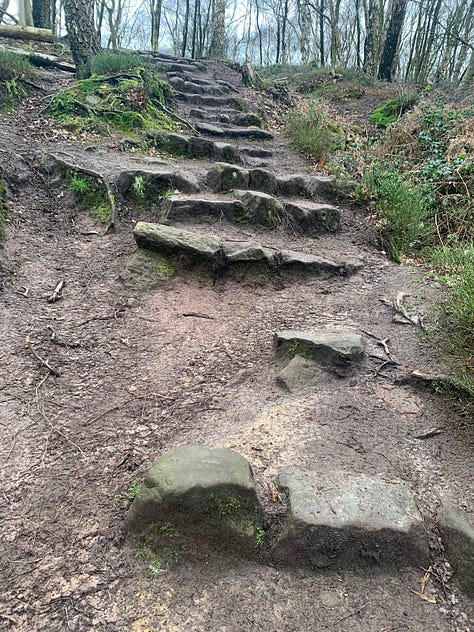 A series of three photos showing the stone path up the incline and the worn stones.