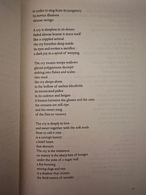 The cover of María Baranda's Nightmare Running on a Meadow of Absolute Light followed by the first five pages of her poem "To Hell," which starts with the lines, "A cry."