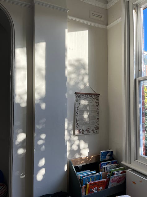 Autumn at home — paper pleated decorations, afternoon light, a dusting of snow.