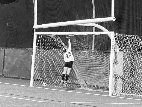 Six images: three black and white of girls soccer, one of a pink house and van, one of a pick topographic map, and one of an old neon sign from a Vegas casino.