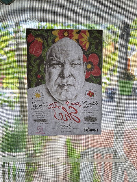 Photo 1: A group of poets/friends on a terrace in Old Montreal. Photo 2: A flier of Kirby's reading for She on a screen door in Kingston ON  Photo 3: Kirby reading in a living room.