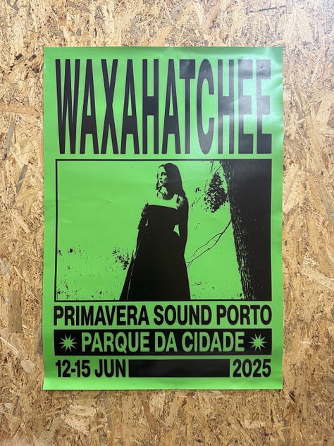 A view of buildings out of my hotel room window in Porto; a large neon green Waxahatchee poster at Primavera Sound Porto; a dog rides between its owners legs on a scooter.