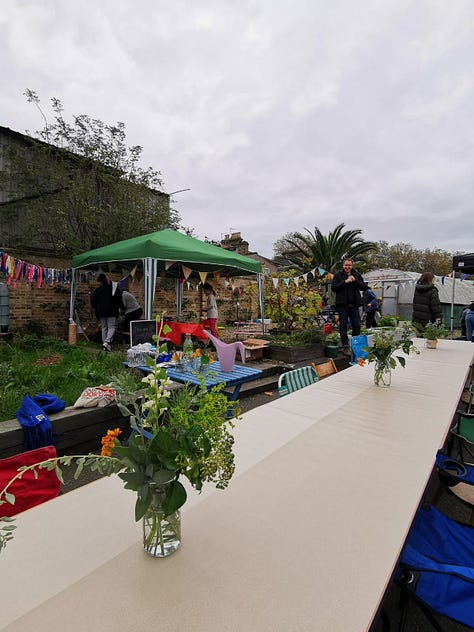 photos of ripe (bletted) medlars, the table setting, glassware and bunting decorations